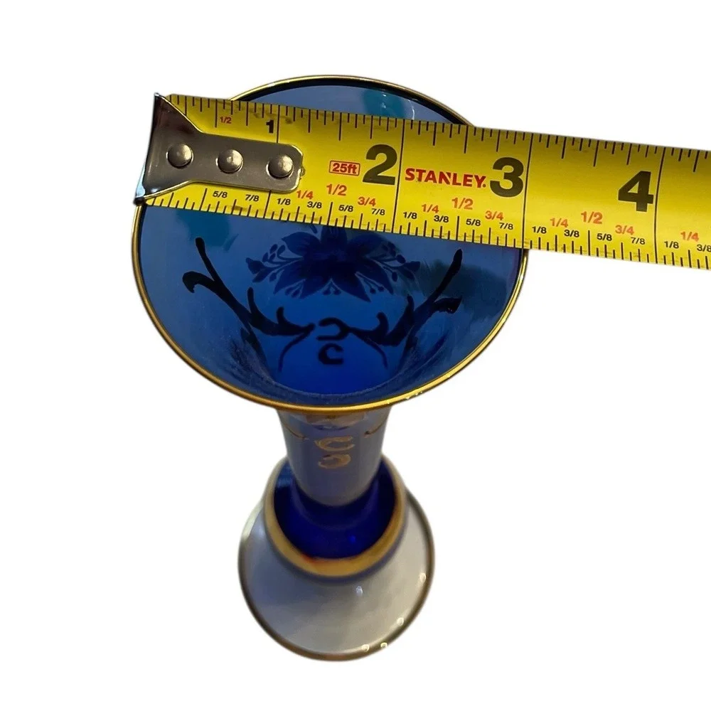 Bohemian Czech Cobalt Blue Art Glass Vase Gold Floral Trumpet 9.75